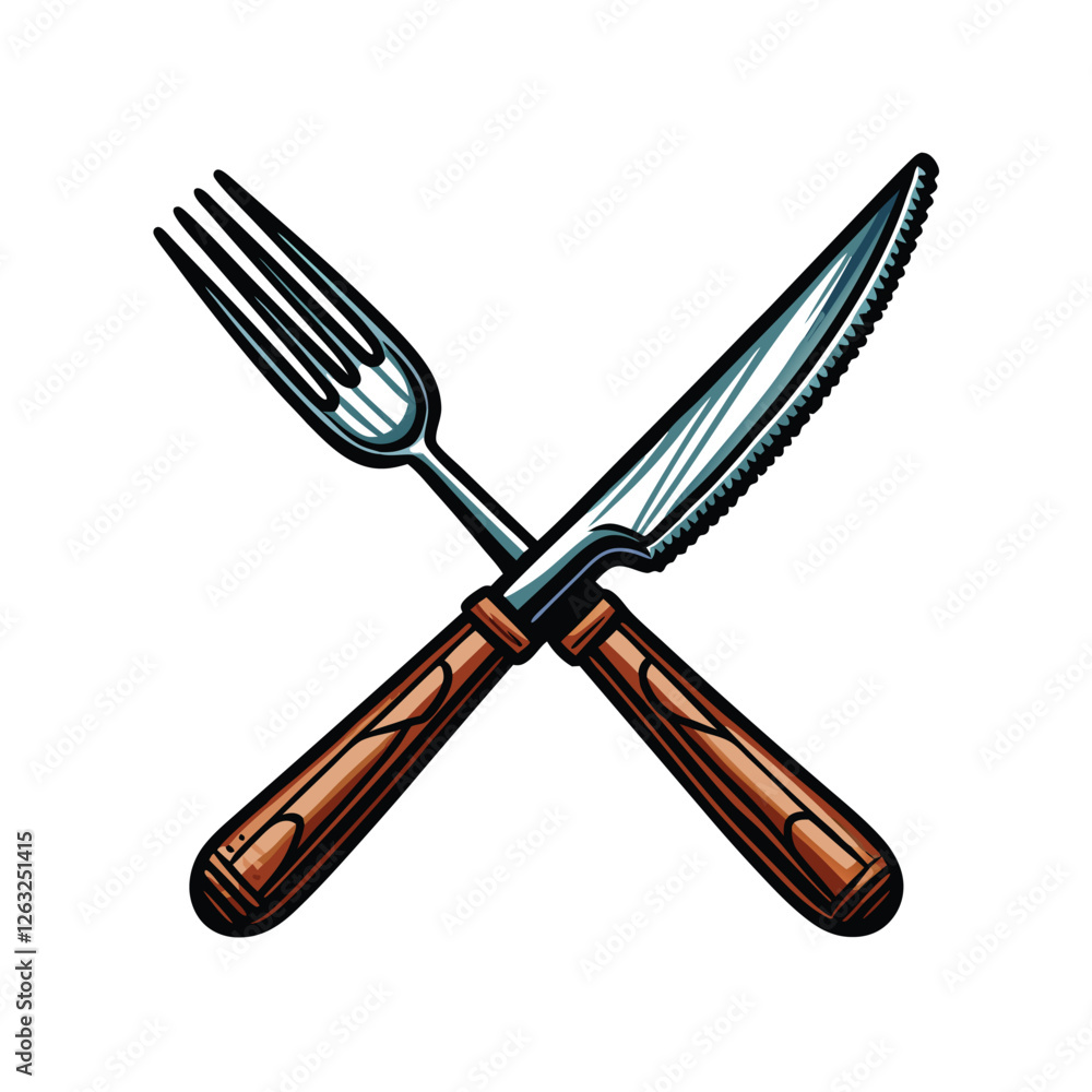 Poster create a high-resolution editable stroke vector graphic of a crossed fork and knife, suitable for re