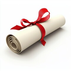 Rolled-up diploma tied with a red ribbon on a white background