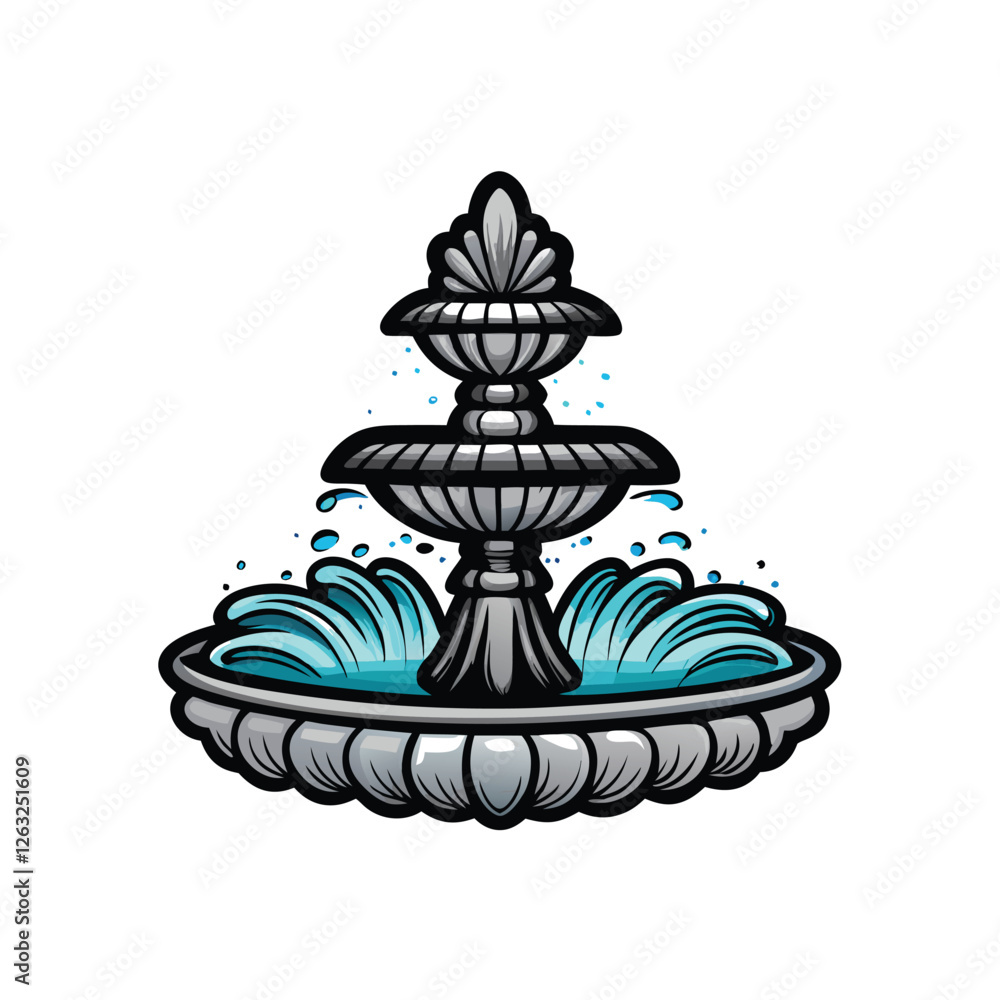 Aufkleber create a highly detailed, editable stroke vector illustration of a graceful fountain with water spla