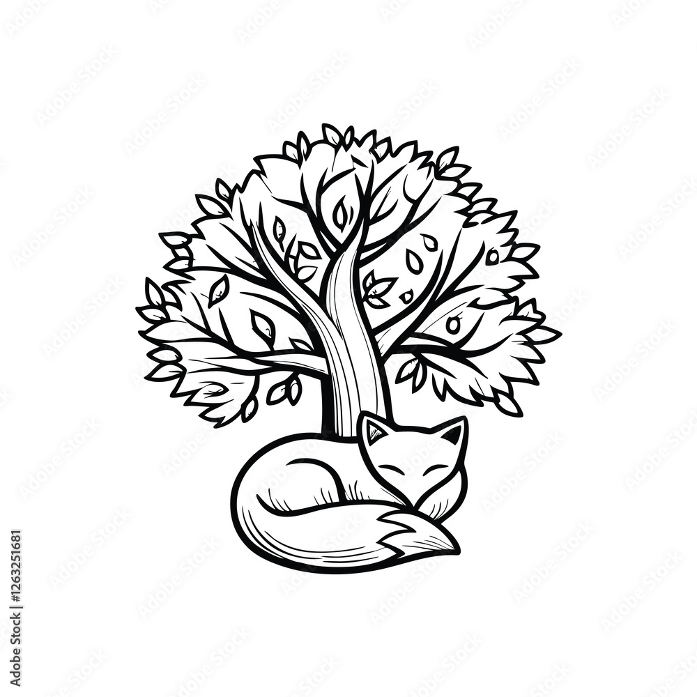 Poster create a detailed, editable stroke vector illustration of a red fox curled up asleep under a large m