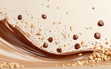 Fototapeta premium Silky milk chocolate wave mid-air with crushed hazelnuts scattering, pastel beige background