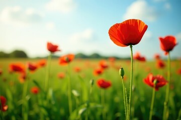 Naklejka premium Red corn poppy flowers sway above a lush green wheat field, summer, poppies, garden