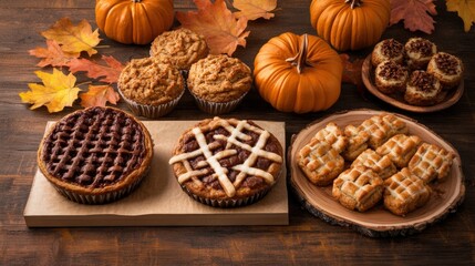 Table with assorted desserts and pumpkins for thanksgiving celebration in autumn season