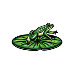 Create a vibrant, editable vector illustration of a frog with bold outlines, mid-leap from a water lily pad.  Focus on dynamic movement and detailed textures.
