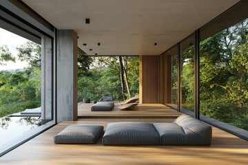 Fototapeta premium loft style living room with blank concrete wall for copy space 3d room with decking decorated with grey fabric chair large window with nature view