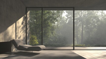 Fototapeta premium loft style living room with blank concrete wall for copy space 3d room with decking decorated with grey fabric chair large window with nature view
