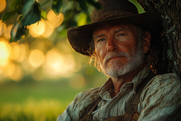 Fototapeta premium A farmer resting under a tree after a long day