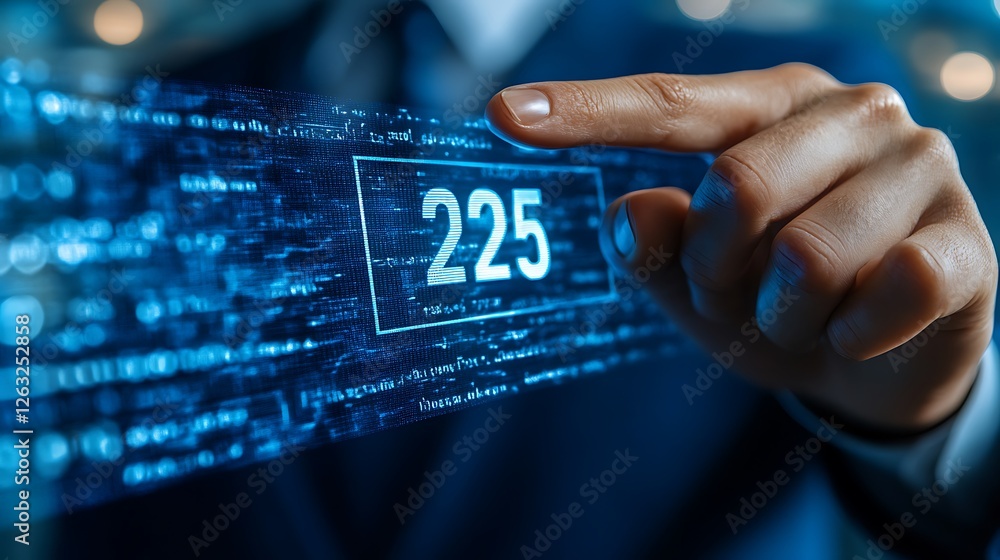 Poster close-up of a hand interacting with a digital interface showing the number 225 within a code stream.