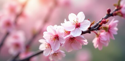 Naklejka premium Soft pink blossoms on white cherry tree branches, nature, trees