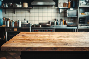 Empty wooden table inside professional restaurant kitchen , for product placement advertisement
