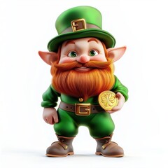 Leprechaun with red beard holding gold coin, isolated on white