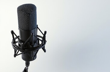 Black condenser microphone on stand against white background.
