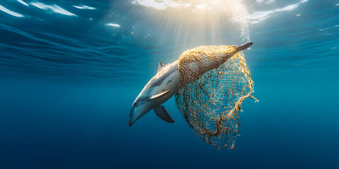 Marine pollution's impact: Dolphin entangled in discarded fishing net, struggling beneath sunlit waves. A stark reminder of ocean's fragility.
