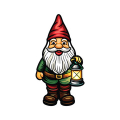 Create a whimsical, editable stroke vector illustration of a garden gnome cheerfully holding a watering can, ready for garden work.