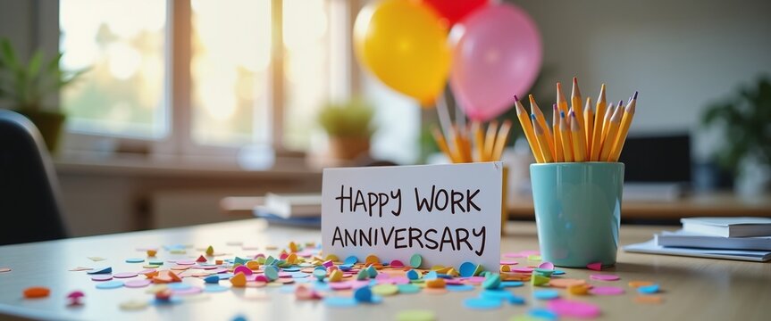 Celebratory office desk with confetti and pencils for happy work anniversary
