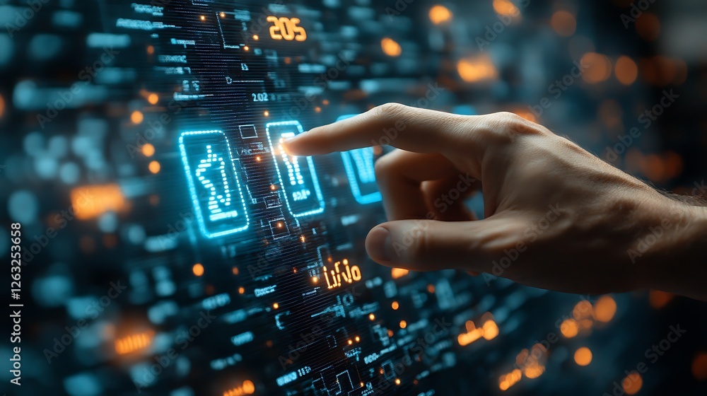 Poster hand interacting with a futuristic digital interface displaying glowing icons and data streams.