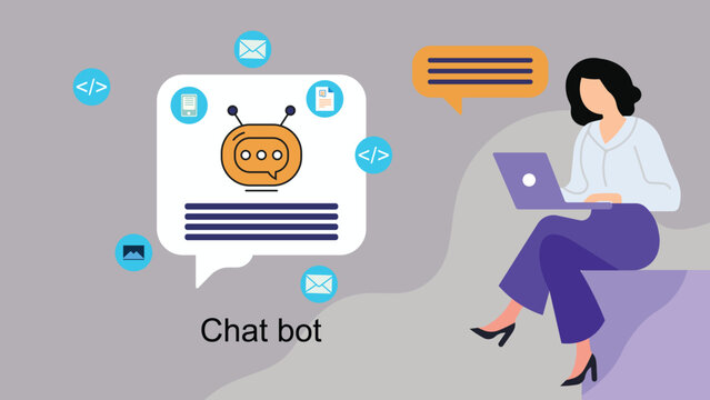 
Vector illustration of a woman using a chatbot for online assistance. Concept of AI automation, customer support, virtual assistant, and smart technology for efficient digital interaction.
