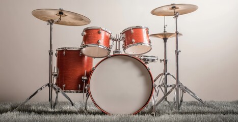 A vibrant drum set featuring a bass drum, snare, and cymbals, set against a minimalist background, showcasing craftsmanship and musical potential.