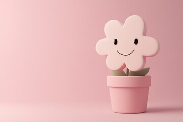 Cute smiling pink flower in a pink pot on a pink background.