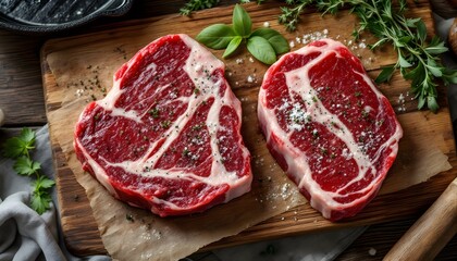 Raw Beef Steaks on Wooden Board Ready for Cooking with Herbs