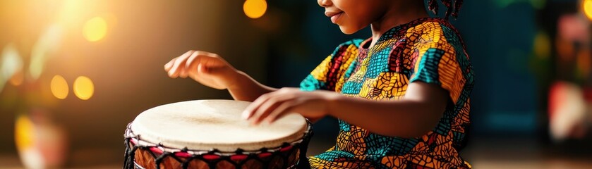A young child plays a drum, wearing a colorful traditional outfit, immersed in the music, surrounded by warm, ambient light.
