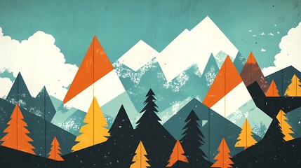 Abstract Mountain Landscape with Autumn Trees