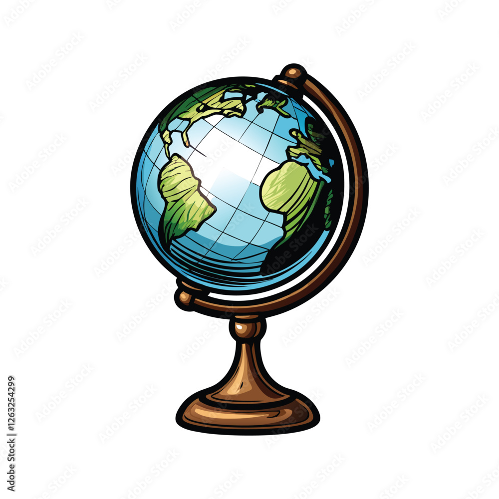 Poster create an editable stroke vector graphic of a classic globe on a wooden stand, suitable for various 