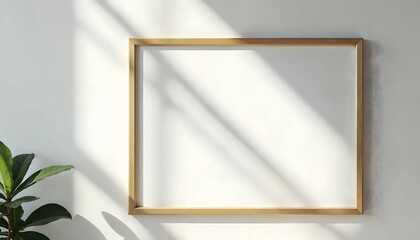 Empty Wooden Picture Frame on a White Wall with Plant Shadows and Sunlight