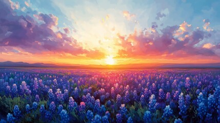 Wibrujący zachód słońca nad polem kwiatów Bluebonnet z pikselowanym niebem i chmurą