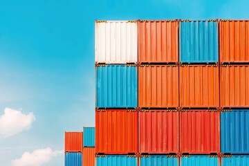 Fototapeta premium A vibrant stack of shipping containers in orange, blue, and white against a clear blue sky, showcasing a structured arrangement in a shipping yard.