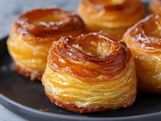 Delicious Honey Cake Pastries with Salt Crystals on a Black Plate