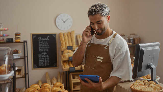 Young man with beard in bakery shop talking on phone while holding a tablet, dressed in apron, surrounded by pastries and bread, with a clock on the wall behind him