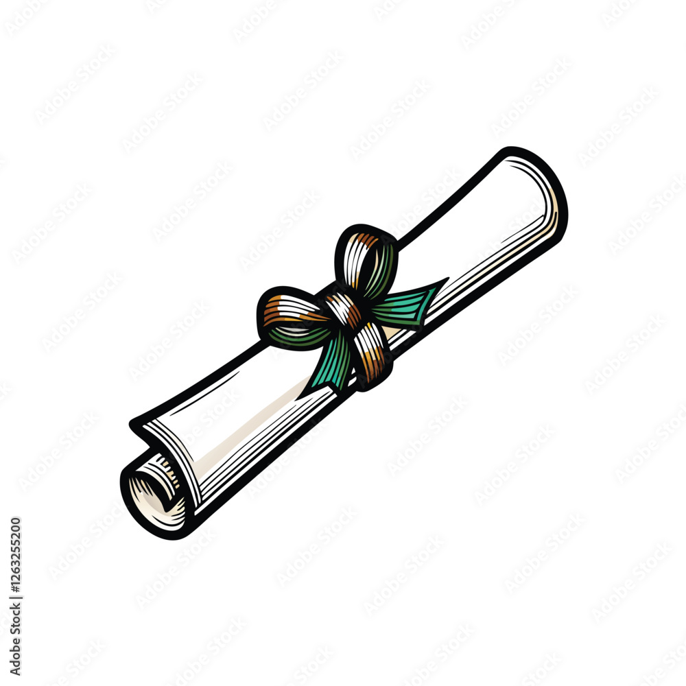 Poster create a clean, editable stroke vector illustration of a graduation diploma with a rolled scroll des