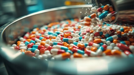Pills in vibrant colors are being mixed within a large stainless steel container at a pharmaceutical production facility, showcasing industrial processes in drug manufacturing.