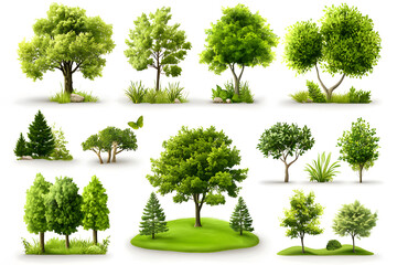 Fototapeta premium Various realistic green trees collection isolated on white background