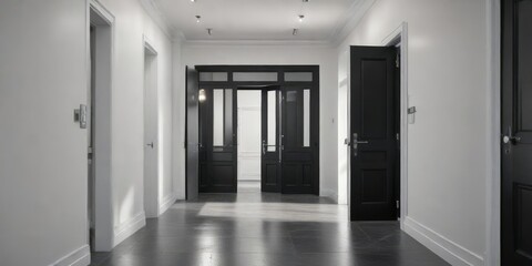 Stylish white corridor lined with black doors, stylish, corridor, modern