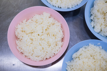 Steamed white rice. Tasty Asian food. Top view. Healthy nutrition