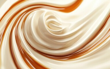 White chocolate swirl with caramel drizzles flowing dynamically, pastel cream background