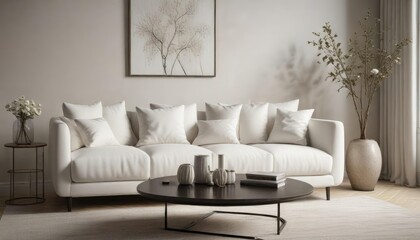 Stylish white sofa featuring an array of plush pillows and a glass vase with minimalistic twig decoration on a round coffee table, trendy decor, designer home, urban living, luxury living