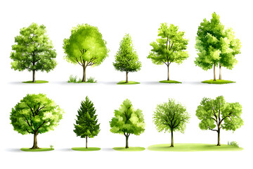 Various realistic green trees collection isolated on white background
