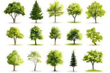 Various realistic green trees collection isolated on white background
