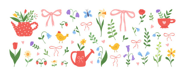 Set of spring cute elements. Hand drawn lovely flowers, bows, floral decor, blossom garden, watering can, leaves and herb, bird and butterfly. Collection spring stickers. Vector flat illustration.