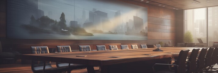 A modern conference room with a large wooden, realistic textures, generative ai illustration