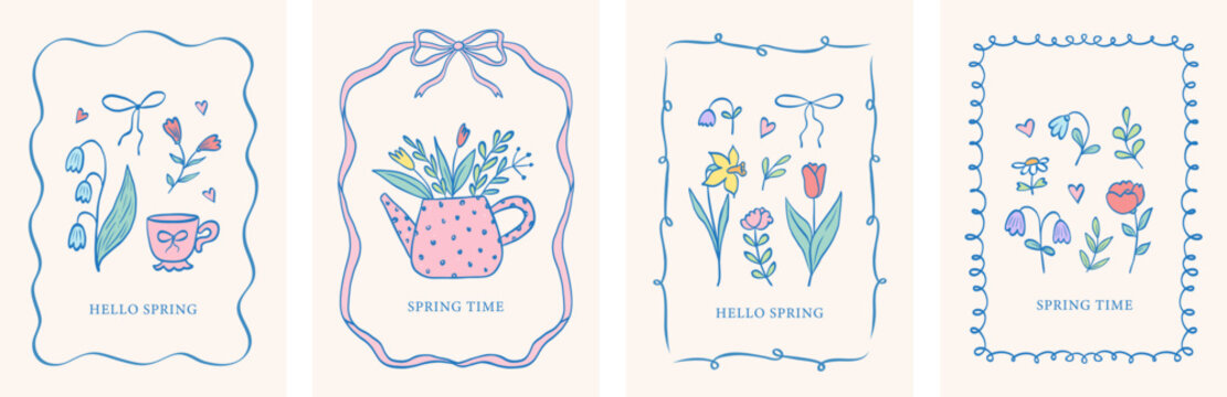 Vintage spring set of cute cards or posters in coquette style. Hand drawn whimsical frames with bows and ribbons. Lovely flowers, leaves, tulip, watering can, daffodil. Vector template for holiday.