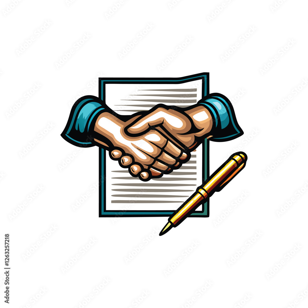 Poster editable stroke vector illustration a handshake above a deal-signing table with a contract. clean li