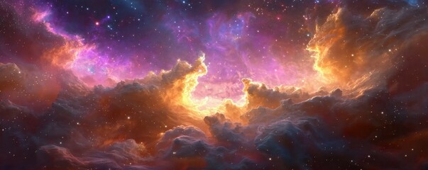 Fototapeta premium A stunning cosmic display featuring vibrant purples and oranges amidst swirling clouds and countless stars, evoking the beauty of the universe.