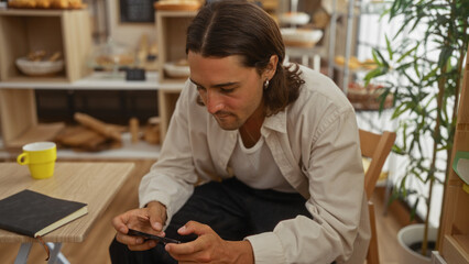 Young man using smartphone in a cozy bakery, surrounded by wooden furniture and fresh pastries