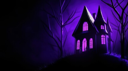 Spooky Haunted House at Night with Purple Light Illustration