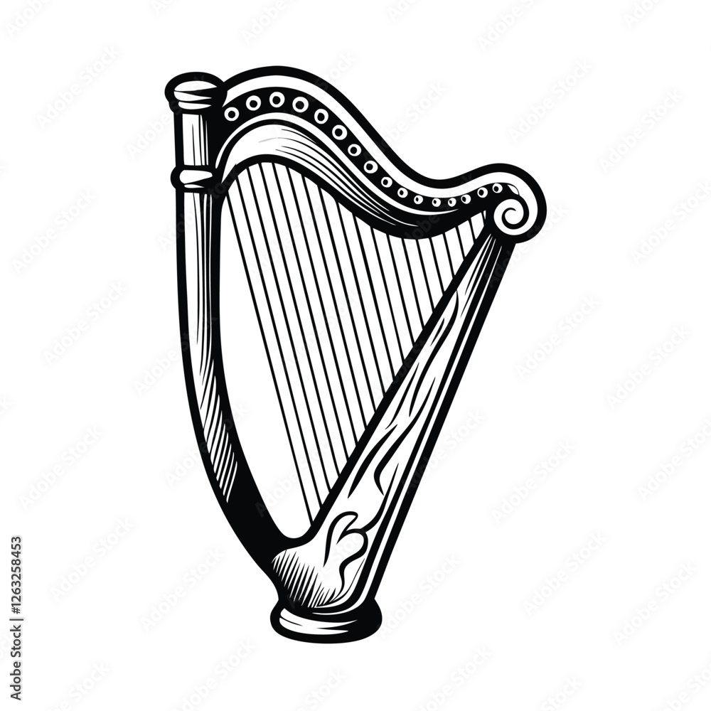 Poster create a detailed vector illustration of a harp featuring intricate detailing, with editable strokes