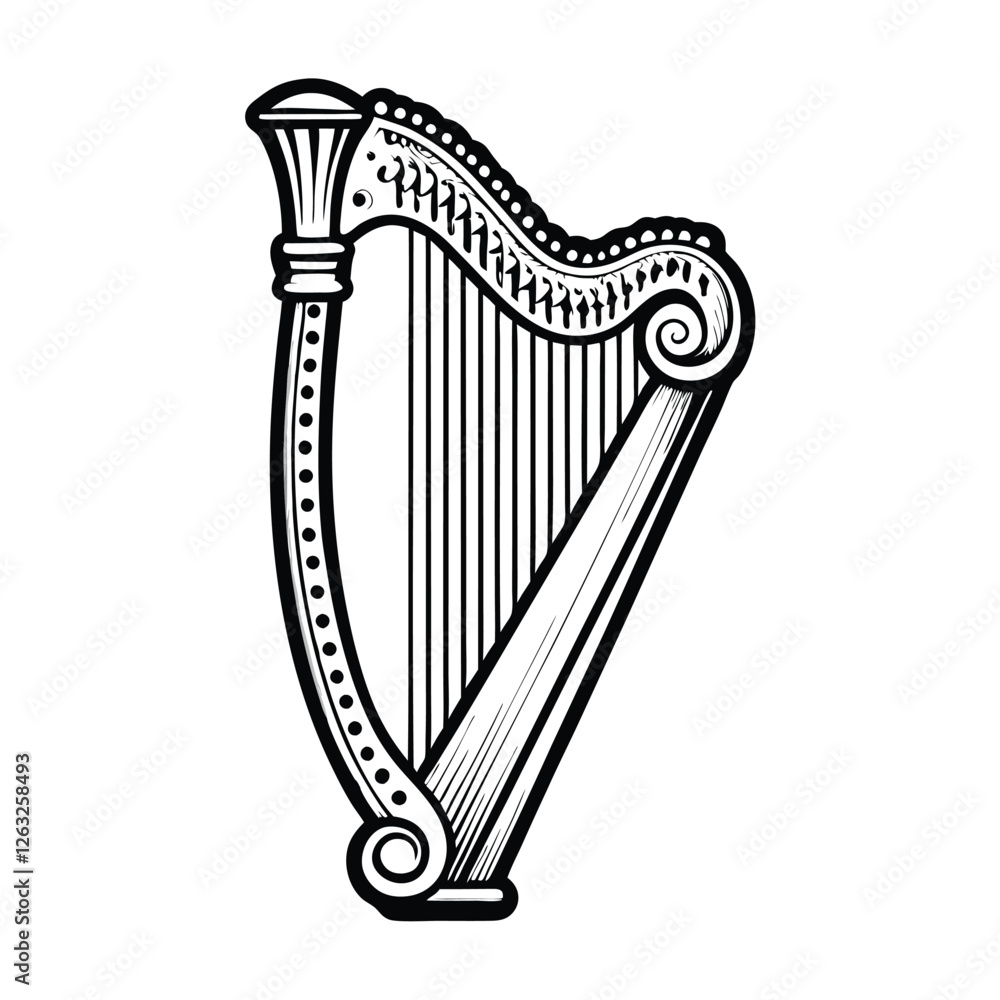 Poster create a highly detailed vector illustration of a harp, featuring intricate decorative elements and 